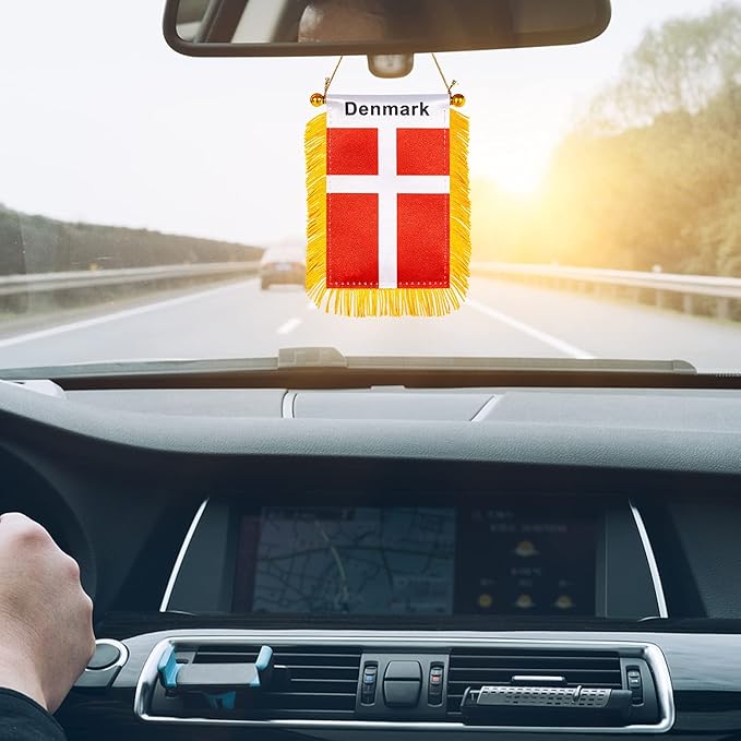 ZXvZYT 3 X 5 Inch Denmark Window Hanging Flag Danish Small Mini Car Flags Banners Rearview Mirror Decoration - with Suction Cup & Golden Fringy Banner(2 Pack)