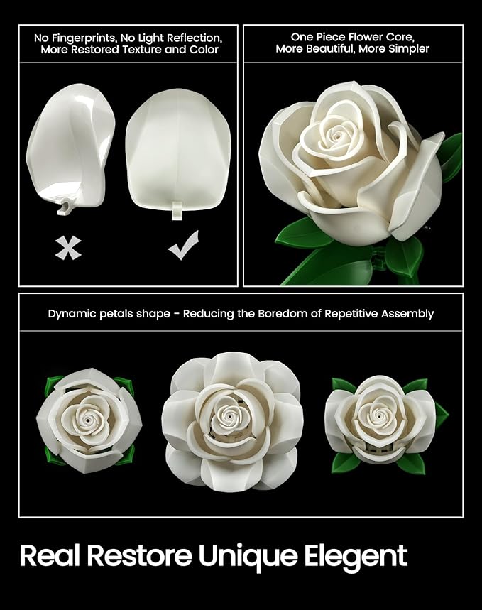 iATOM White Rose Bouquet Building Set, 12Pcs Wedding Flower Botanical Collection for Adult, Valentine's Day Gift for Her/Girlfriend/Mom/Wife/Couple, Boho Modern Home Office Table Centerpiece Decor