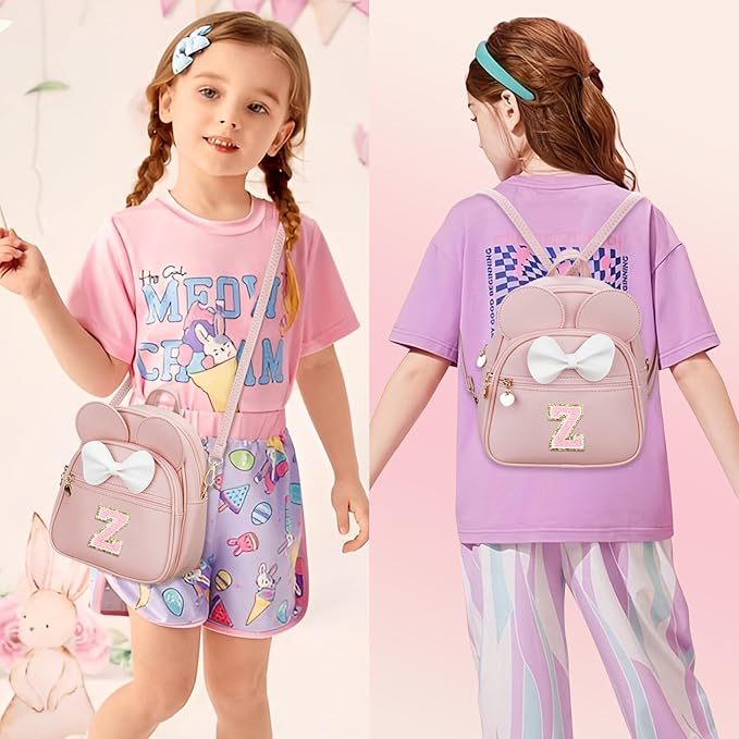 KKXIU Girls Initial Bowknot Cute Mini Backpack for Toddler, Travel Small Girl Backpacks, Personalized Valentine's Day Gifts for Little Girls and Kids(Z, Pink)