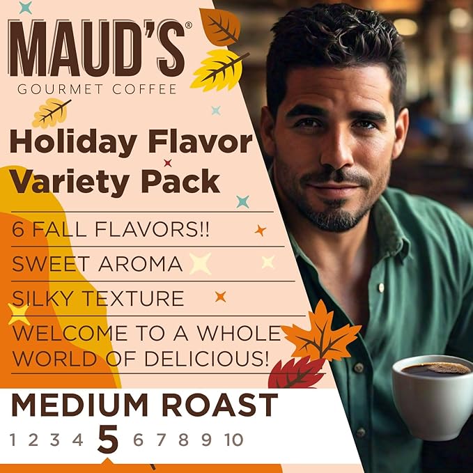 Maud's Fall Flavored Coffee Pods Variety Pack, 42ct, 6 Assorted Flavors, Medium Roast Coffee in Recyclable Single Serve Pods – 100% Arabica Beans, Compatible with Keurig K Cups Maker