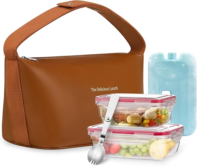 Lunch Bag Set For Women Insulated Leather Woman Lunch Bag With 2 Lunch Box Containers Spoon and Ice Pack Leakproof Reusable High Capacity Lunch Tote Bags for Work, Travel, Outdoor