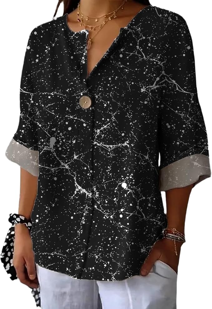 Long Sleeve Shirts for Women V Neck Button Boho Graphic Blouses Casual Collared Fashion Summer Flowing Tops