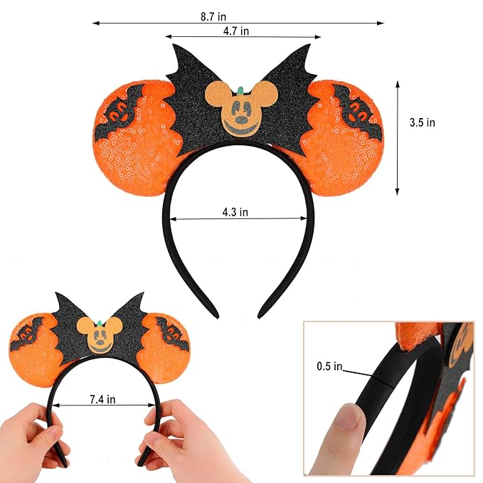 HAMUTH Bat Ears Headband, Mouse Ears Headband for Women Girls Boys, Orange Bat Ears for Party Trip Parks Cosplay Accessories