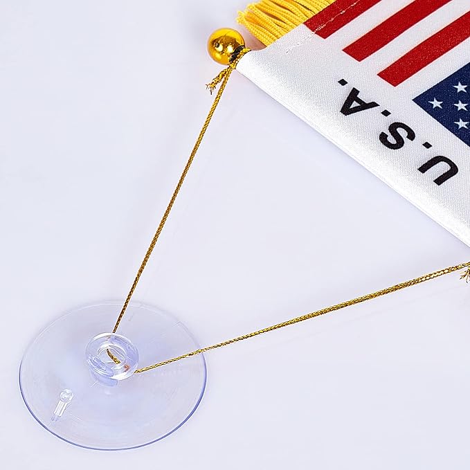 ZXvZYT 3 X 5 Inch America USA Window Hanging Flag US Small Mini Car Flags Banners Rearview Mirror Decoration - with Suction Cup & Golden Fringy Banner(2 Pack)