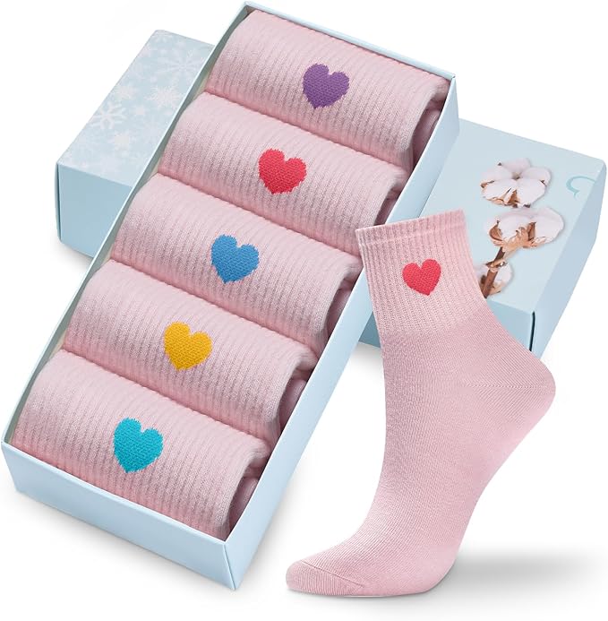 Corlap Women's Cute Cotton Crew Athletic Running Socks - Ankle High, Novelty Fun Heart Design 5-Pairs (Gift Box)