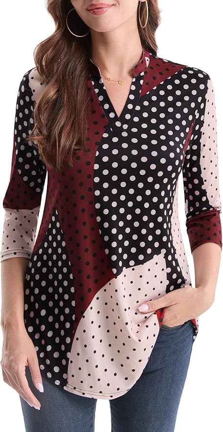 BAISHENGGT 3/4 Sleeve Tops for Women Notch V Neck Floral Work Blouses Dressy Casual Loose Fit Going Out Tunic Tops