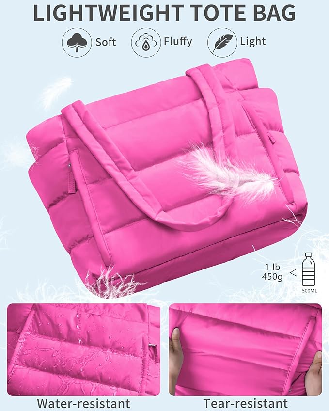 Puffer Tote Bag for Women, Lightweight Puffy Work Handbag Teacher Nurse Quilted Shoulder Bag for School Travel Gym | Quilted, with Zipper, Daily Carry On Bags, Comfy College Bags, 15.6" Laptop Sleeve, Cup Holder Pocket, Portable, Spacious