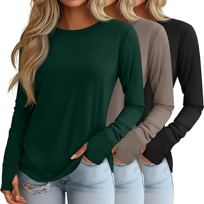 Huukeay 3 Pack Women's Long Sleeve Shirts with Thumb Holes, Cotton Casual Crew Neck Tunic Tops Fall Loose Y2k Trendy Outfits