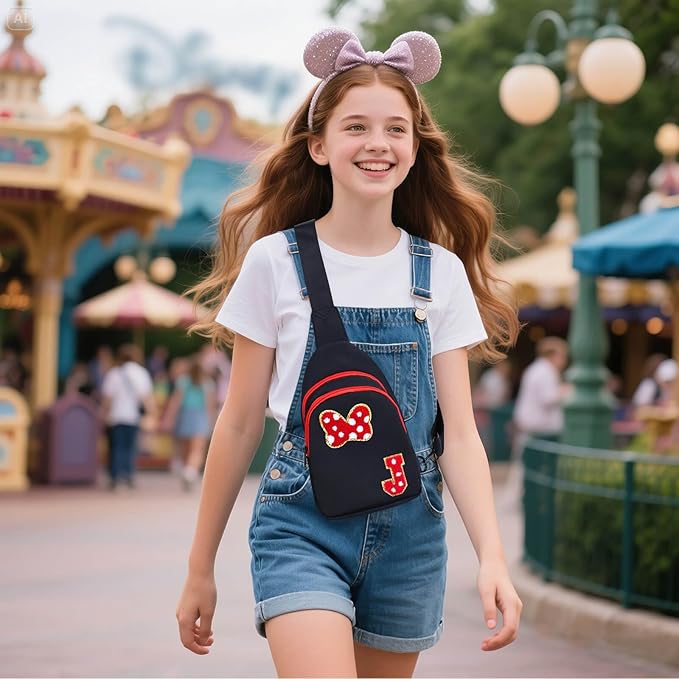 7 8 9 10 11 12 13 14 Year Old Girl Birthday Gifts, Black Initial Bow Mouse Park Small Sling Bag for Girls Daughter Women, Teen Girl Gifts Trendy Stuff Crossbody Fanny Pack Must Haves for Park Travel J