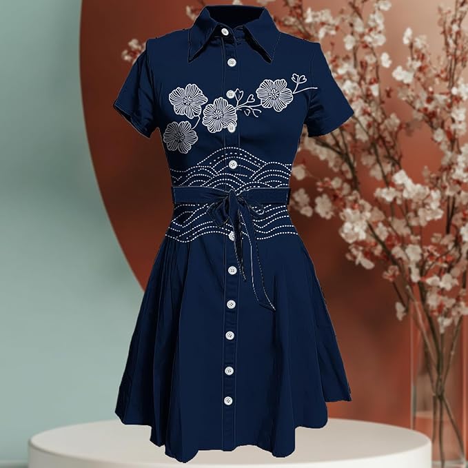 MARSVOVO Japanese Art Shirt Dresses for Women Short Sleeve Ruffle Button Down Tie Waist Trendy Elegant Midi Dress