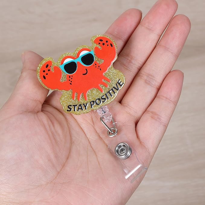 Stay Positive Funny Badge Reel, Cute Crab Retractable ID Card Badge Holder, Name Tag Work Badge Clip for RN LPN CNA MA ER Night Shift Nurse Nursing Student OB Doctor Psychologist Teacher, Nurse Gifts