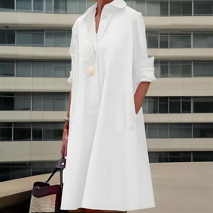 Womens 2025 Long Sleeve Button Down Shirt Summer Dress Casual V Neck Loose Fit Midi Shirt Dresses with Pockets