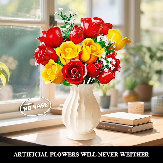 HOGOKIDS Flowers Bouquet Building Set with Lights - 16 Roses Bouquet Botanical Building Blocks Artificial Red Roses Flower for Home Decor Birthday Valentines Gifts for Adults Girl - 387PCS (Yellow)