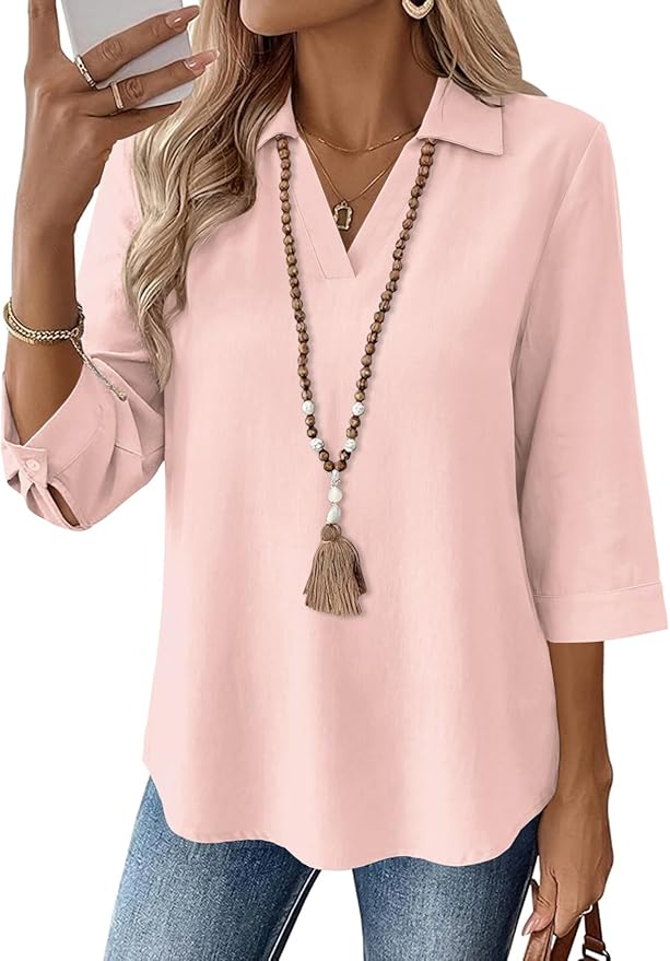 LOMON Womens 3/4 Sleeve Tops V Neck Cotton Linen Work Blouse Polo Shirts for Women Business Casual 2026