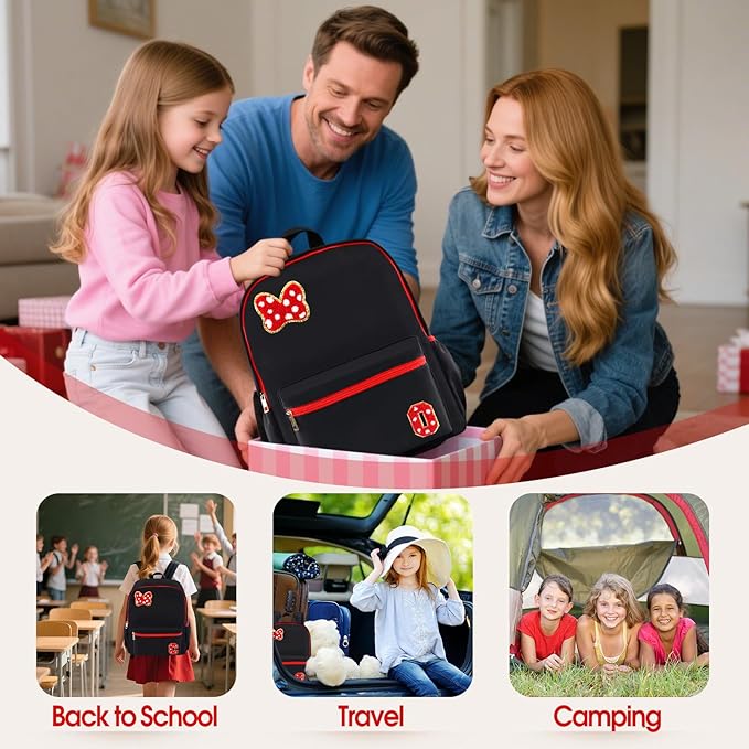 Preppy Initial Bow Mouse Backpacks for Girls 14.6 Inch, Black Kids Backpacks Ages 3-10 for Park Travel Preschool Elementary School, Lightweight Bookbag Birthday Back to School Gifts for Little Girls O