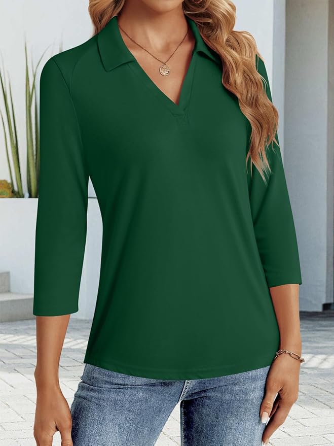 3/4 Length Sleeve Womens Tops Dressy Casual V Neck Polo Shirts Business Work Blouses 2025 Trendy Tunic Top