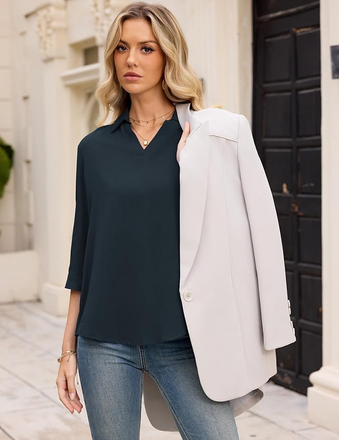 LOMON Womens 3/4 Sleeve Tops V Neck Cotton Linen Work Blouse Polo Shirts for Women Business Casual 2026