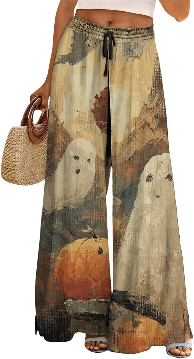 domirica Halloween Pants Women Drawstring Elastic Waist Wide Leg Pants Ladies Pumpkin Ghost Pajama Vintage Street Wear