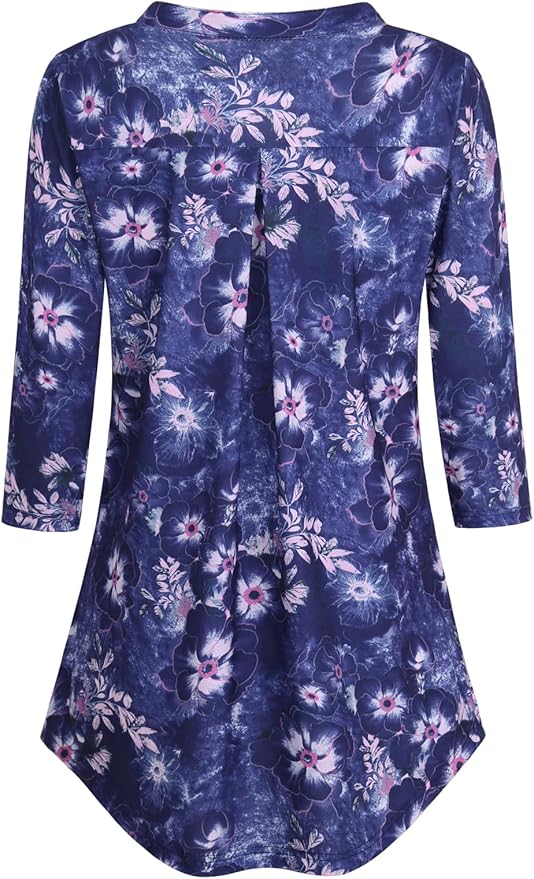 BAISHENGGT 3/4 Sleeve Tops for Women Notch V Neck Floral Work Blouses Dressy Casual Loose Fit Going Out Tunic Tops