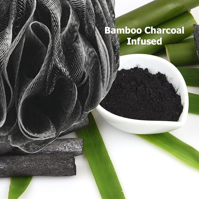 SHOWER BOUQUET Loofah-Charcoal Back-Scrubber & Bath-Sponge Color-Set // 1 Long-Handle-Back-Brush plus 2 Extra Large 75g Soft Mesh Loofa Lufa Loufa Poufs, Men & Women - Exfoliate with Full Pure Cleanse