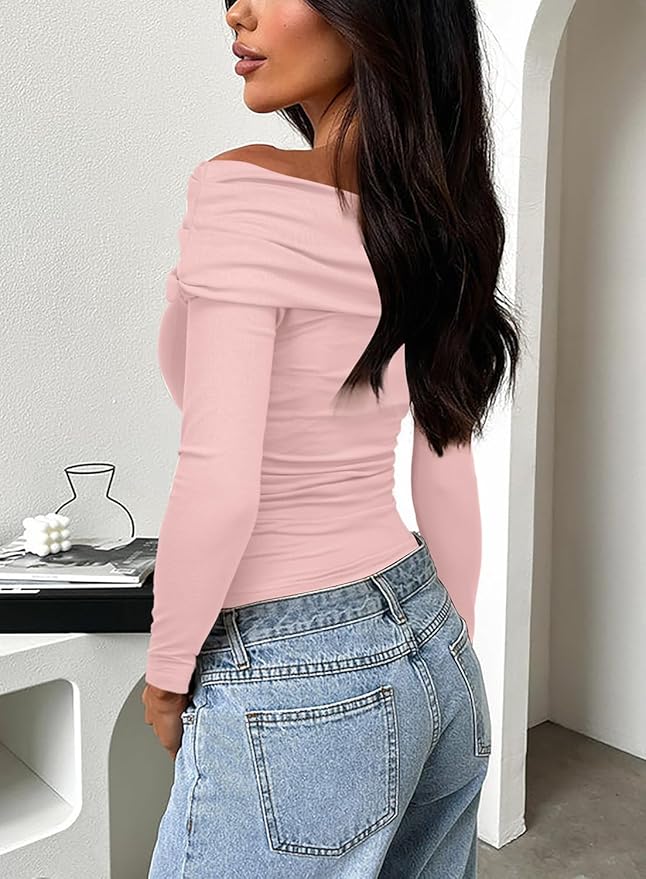 Darong Women's Off Shoulder Tops Y2K Shirt Slim Fit Ruched Crop Top Long Sleeves Spring Fall Blouse Going Out Shirt