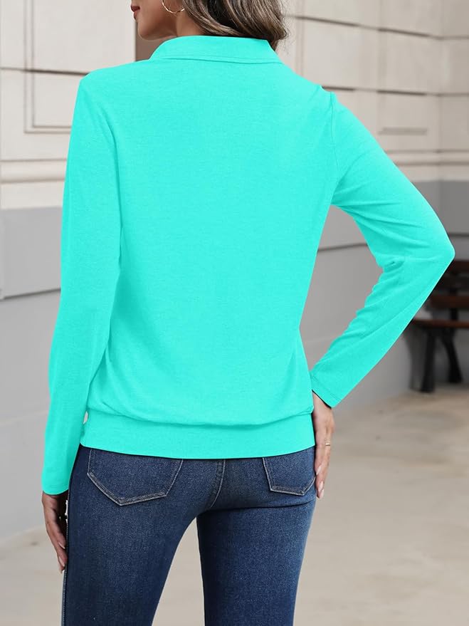 Womens Polo Shirts Long Sleeve Banded Bottom Tops Business Casual Tops Collared V Neck Blouses