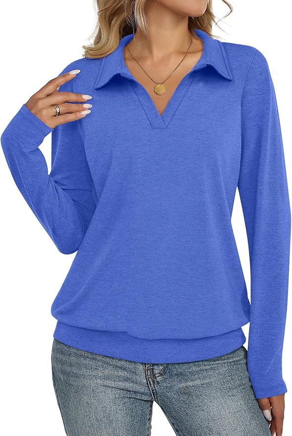Womens Polo Shirts Long Sleeve Banded Bottom Tops Business Casual Tops Collared V Neck Blouses
