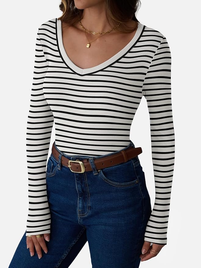 Womens 3/4 Sleeve Scoop Neck Top Ribbed Knit Slim Fitted Casual Basic Tee Shirts 2025 Fall Trendy Work T-Shirt Outfits