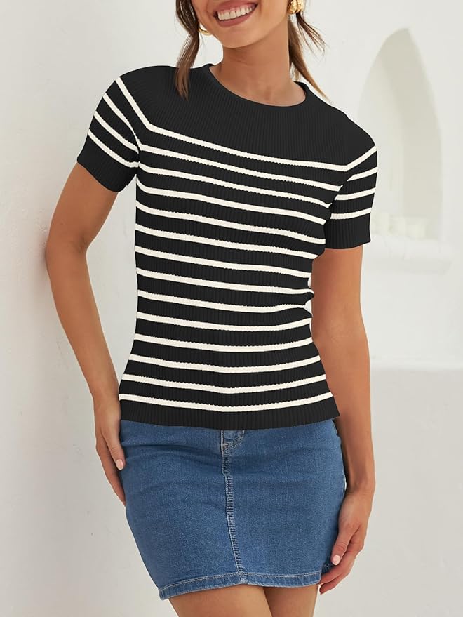 ZESICA Women's Short Sleeve Crewneck Striped T Shirt 2026 Summer Ribbed Knit Slim Fit Casual Basic Tee Tops
