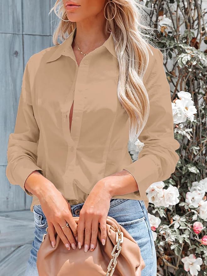 siliteelon Women's Button Down Shirts Long Sleeve Dress Shirts Wrinkle Free Collared Work Office Solid Blouses Corset Tops