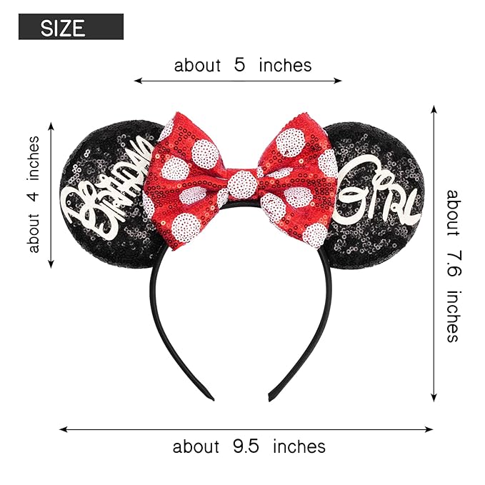 bianbaistar Biabaistar Birthday Mouse Ears Headband – Black Sequin with Red & White Polka Dot Bow, Perfect Cute Users' Birthday Parties, Celebrations, and Fun Events