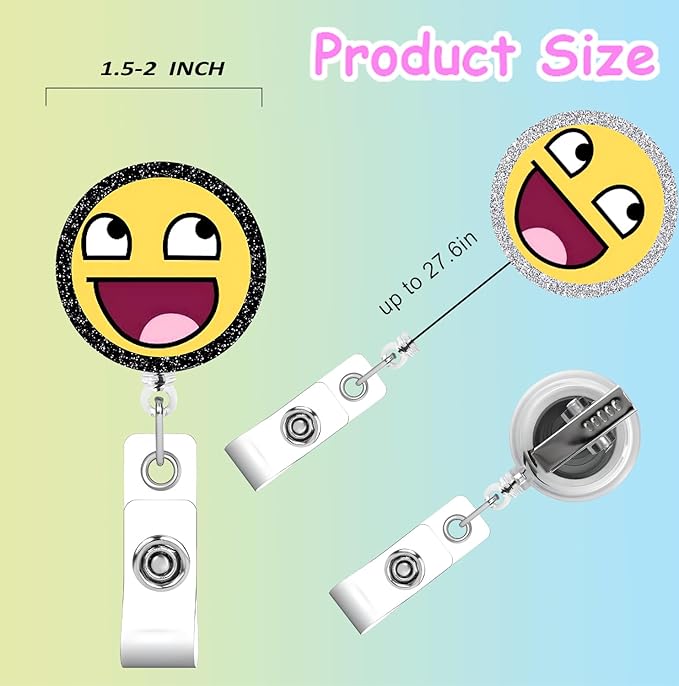 Happy Smiling face 2pack Badge Reels Retractable Funny Cute Badge Holder with Badge Reel Unique ID Clip Name Tag Card Tag Card Badge Clip Acrylic Accessories Gifts Nurse Student RN LPN Teacher