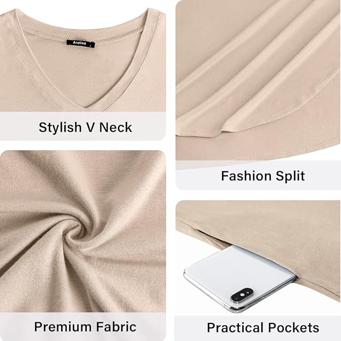 Arolina Women's Summer Maxi Dress Short Sleeve V Neck Casual Loose Long Beach Split Dresses with Pockets