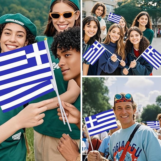 20 Pack Small Greece Flags on Stick Mini Handheld Greek Flag for Parades, Independence Day and Patriotic Events 5x8 Inch Durable Weather-Resistant Flags with 12 Inch Sticks(Greece)