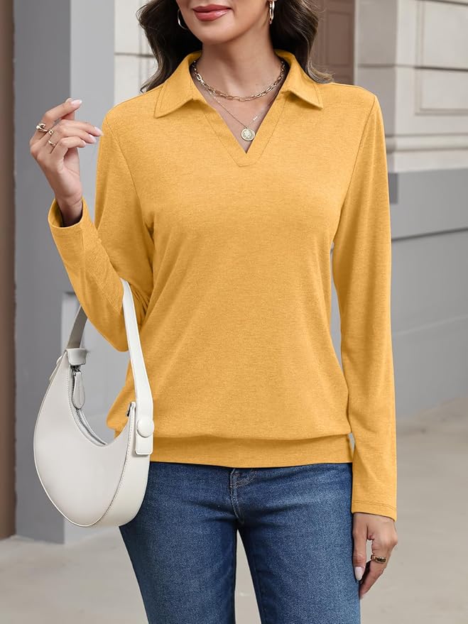 Womens Polo Shirts Long Sleeve Banded Bottom Tops Business Casual Tops Collared V Neck Blouses