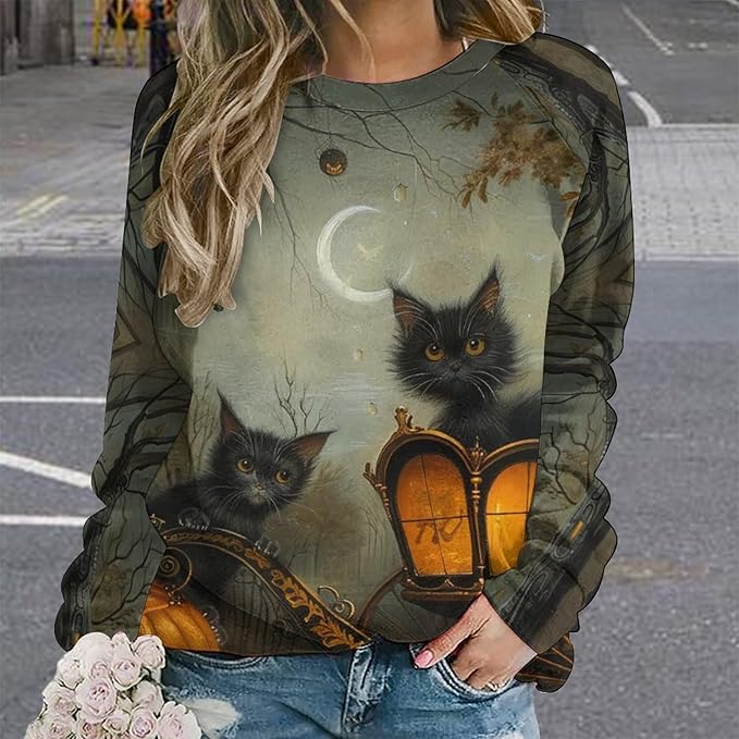 Spatofa Womens novelty funny cat printed crewneck sweatshirt casual loose long sleeve graphic pullover sweatshirts tops