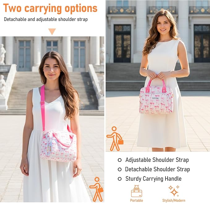 Lunch Bag Large Insulated Lunch Box for Women Adult Cute Pink Lunchbox Lunch Bags Boxes Pail with Shoulder Strap for Work Mom Picnic Office Travel 11.4×6.8×9.1 inches 11.5L (Pink Bow)