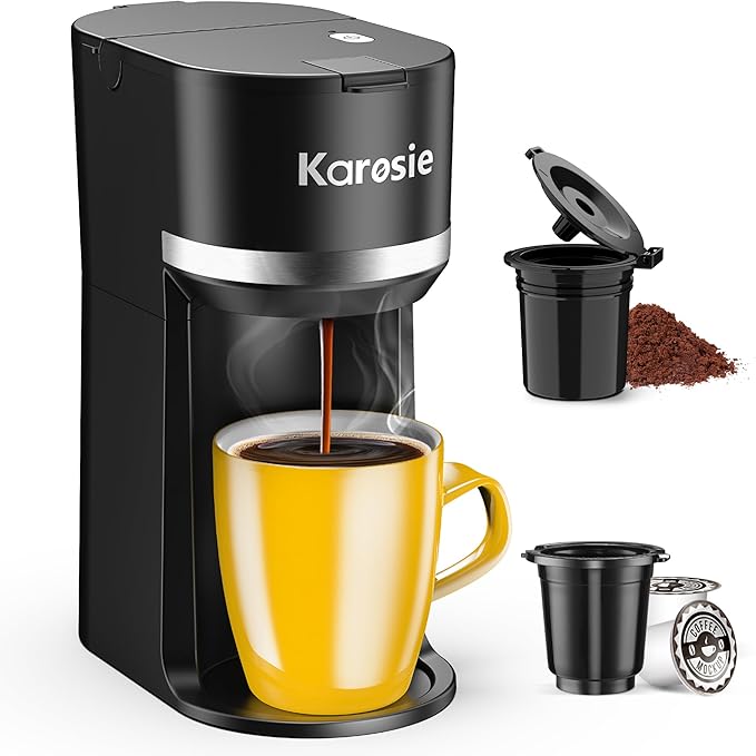 Karosie Single Serve Coffee Maker for K-Cup and Ground Coffee, Fast Brew, 6-12 oz Brew Sizes One Cup Coffee Machine Fits 5.5" Mugs, One-Button Small Coffee Maker with Descaling Reminder,Black