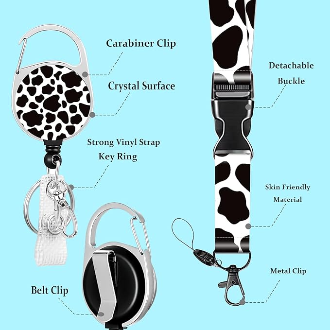 Cute Cow Lanyards for ID Badges Badge Reel Retractable Badge Holder with Lanyard Cute Cow Print Lanyards for ID Badges, Badge Reel Retractable Badge HolderTeacher Women Kids
