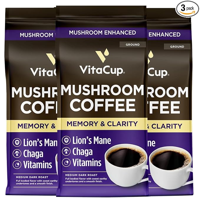 VitaCup Mushroom Coffee Grounds, with Lions Mane, Chaga, B Vitamins, D3, Boost Focus, Immunity, Memory & Clarity, Medium Dark Roast, Bold & Smooth 100% Arabica Specialty, 3 bags, 10oz each