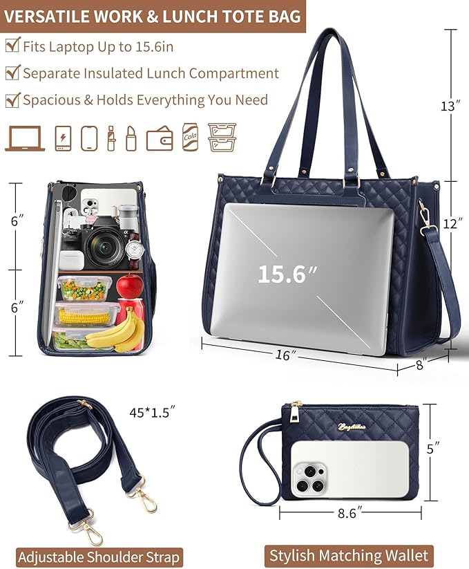 Lunch Tote Bag for Women, 15.6 Inch Laptop Work Bag with Insulated Lunch Box Compartment & Purse Large Capacity Quilted Computer Handbag for Office Business Work Nurse Teacher Travel Casual