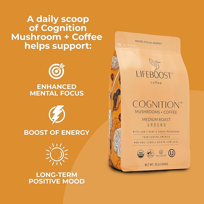 Lifeboost Cognition Adaptogenic Mushroom Coffee - Great Tasting Organic Lions Mane & Chaga Medium Roast Nootropic Coffee - Increase Energy, Boost Focus & Immune Support - 12 oz Bag - Ground