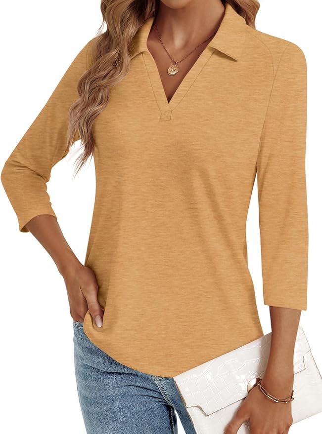 3/4 Length Sleeve Womens Tops Dressy Casual V Neck Polo Shirts Business Work Blouses 2025 Trendy Tunic Top