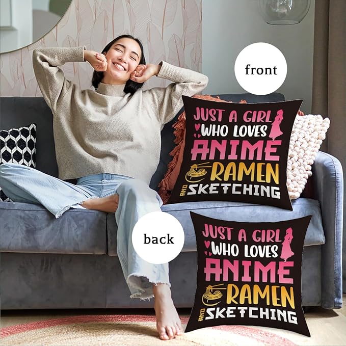 NGLIV Anime Decor, Just a Girl Who Loves Anime Ramen Anime Room Decorative Throw Pillow Covers, Girls Anime Gifts Anime Lovers for Home Living Room Girl Women Bedroom Decoration Gifts Black
