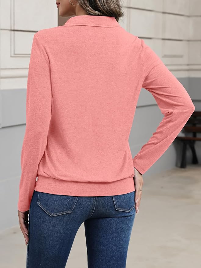 Womens Polo Shirts Long Sleeve Banded Bottom Tops Business Casual Tops Collared V Neck Blouses