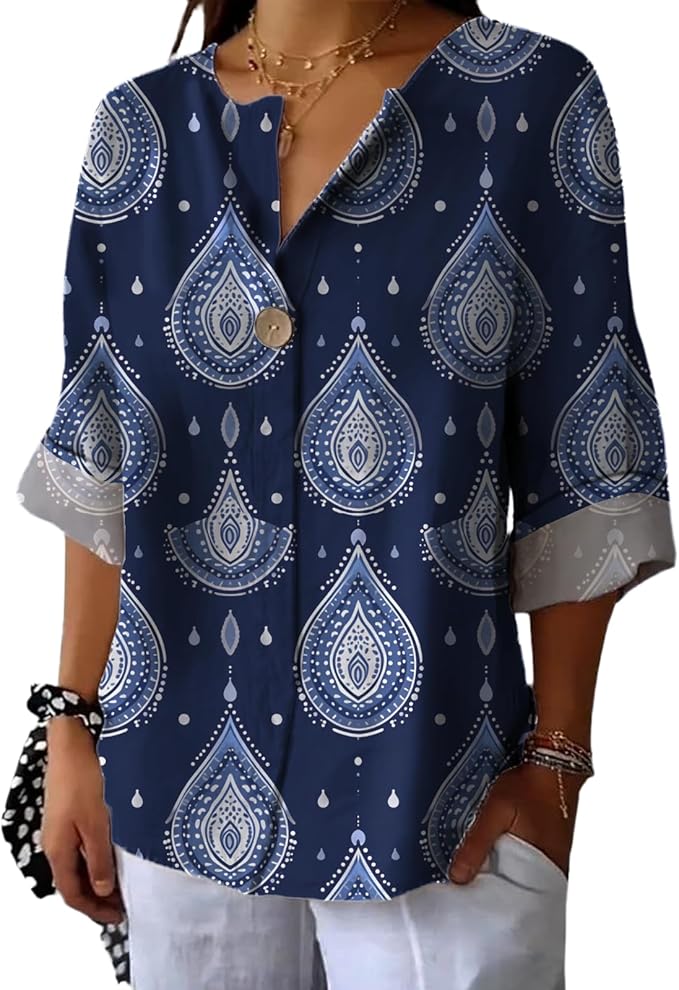 Long Sleeve Shirts for Women V Neck Button Boho Graphic Blouses Casual Collared Fashion Summer Flowing Tops