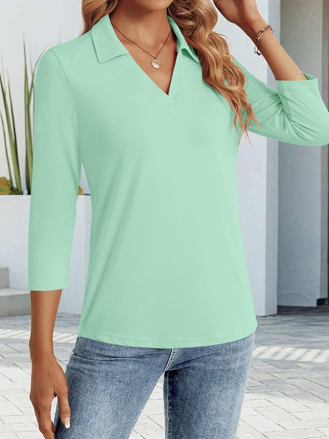 3/4 Length Sleeve Womens Tops Dressy Casual V Neck Polo Shirts Business Work Blouses 2025 Trendy Tunic Top