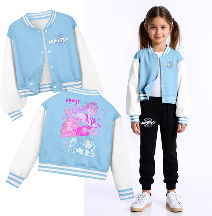 K PopGirls Kpop Tracksuit Cute Cartoon Print Baseball Coats Fashion Long Sleeve Jackets and Pants Christmas Costume Set