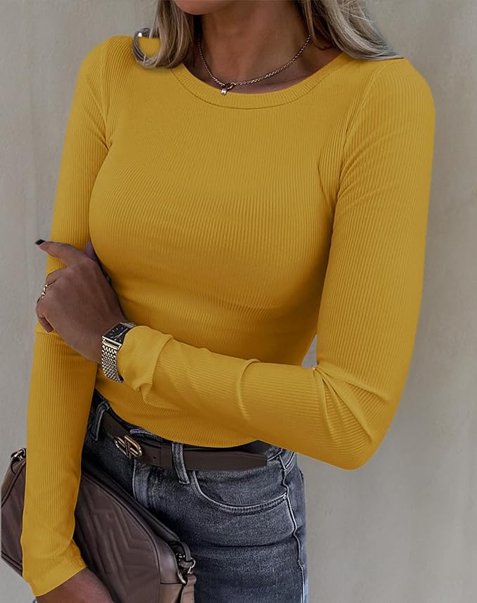 Roselux Womens Long Sleeve Stretch Crewneck Ribbed T-Shirt Fitted Casual Basic Tops