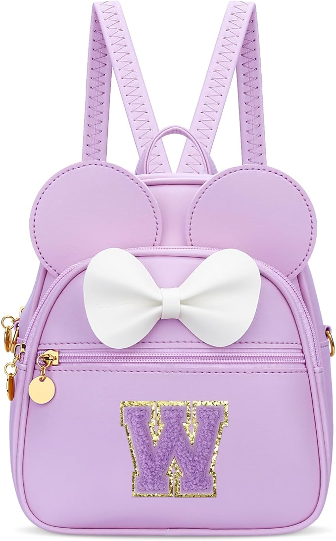 KKXIU Girls Initial Bowknot Cute Mini Backpack for Toddler, Travel Small Girl Backpacks, Personalized Valentine's Day Gifts for Little Girls and Kids(W, Purple)